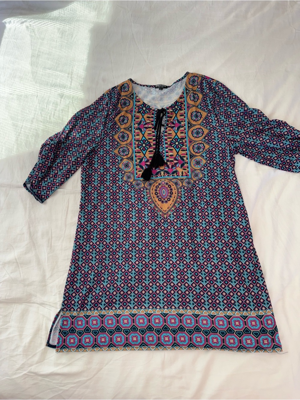 Printed Boho 3/4 Sleeve Dress/ Cover up in Black, Pink & Blue.